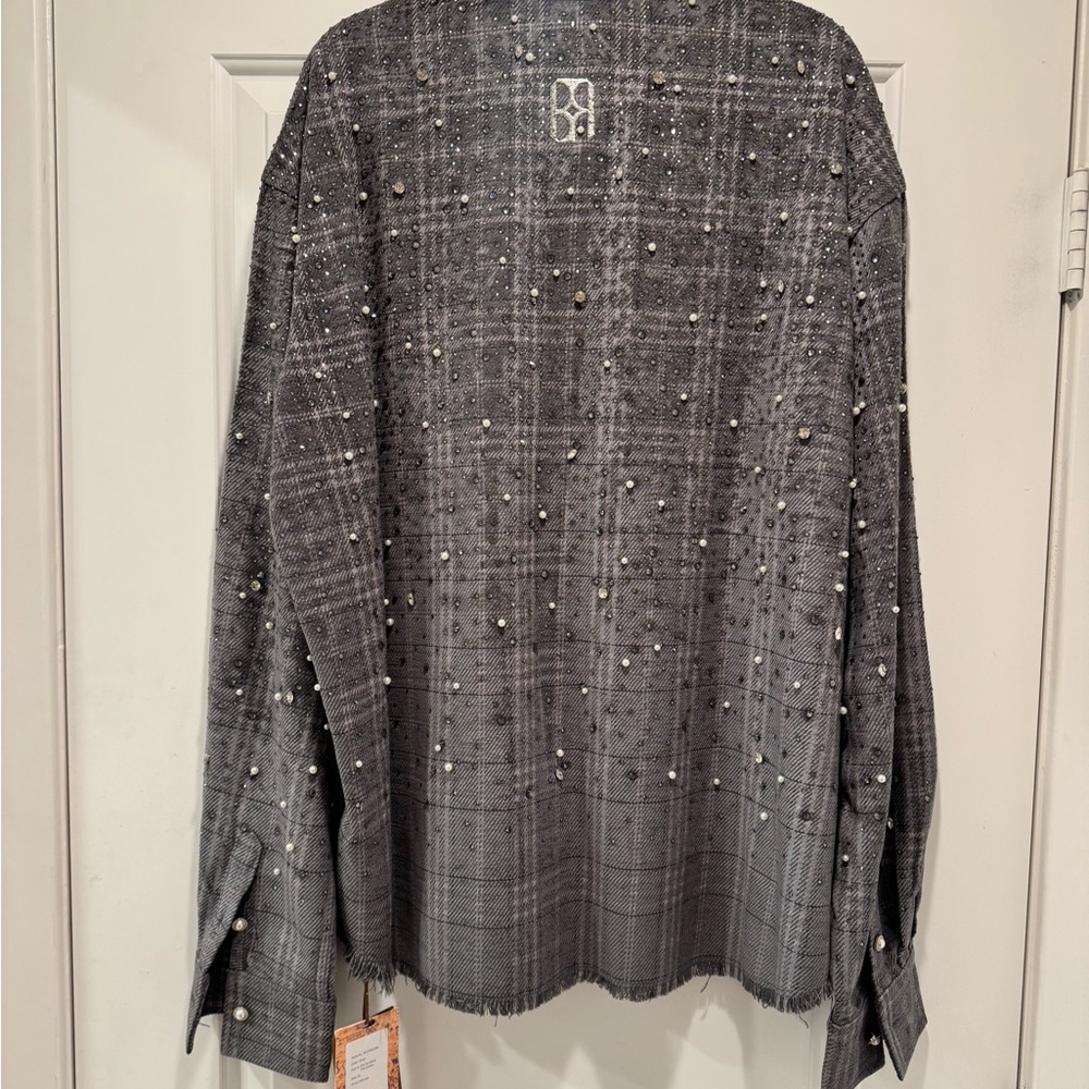 Birth of Royal Child Gray Plaid Button Down Shirt with Diamond and Pearl Accents - Picture 7 of 10